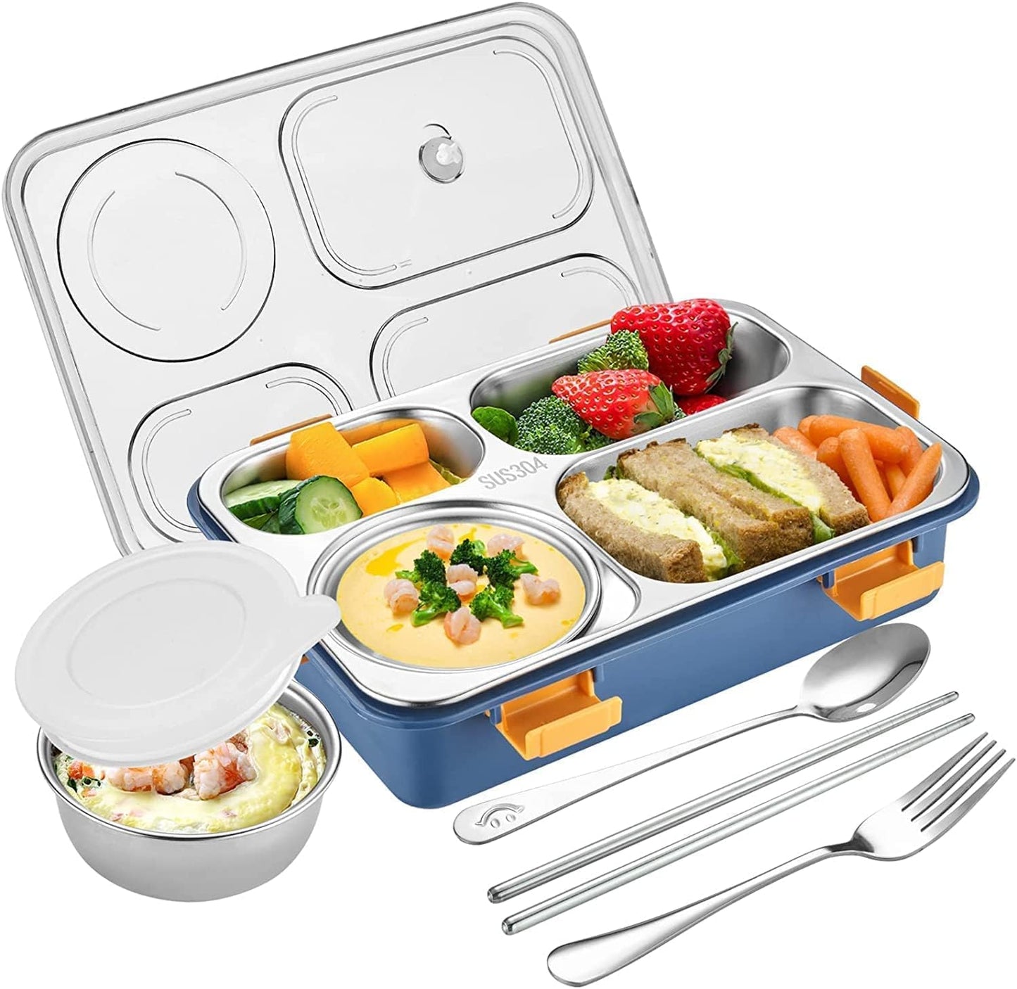 Lunch Box for Kids/Adults 4 Compartment Insulated Stainless Steel with Spoon & Fork Tiffin Box for Girls, Boys, School, Office Men & Women