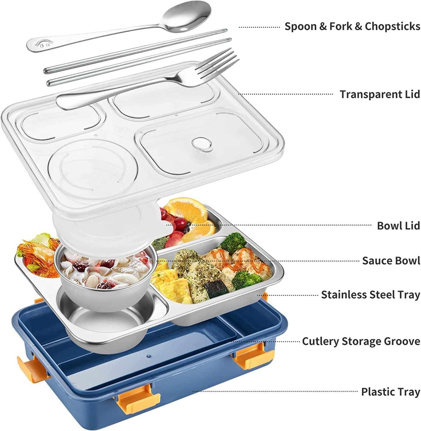 Lunch Box for Kids/Adults 4 Compartment Insulated Stainless Steel with Spoon & Fork Tiffin Box for Girls, Boys, School, Office Men & Women