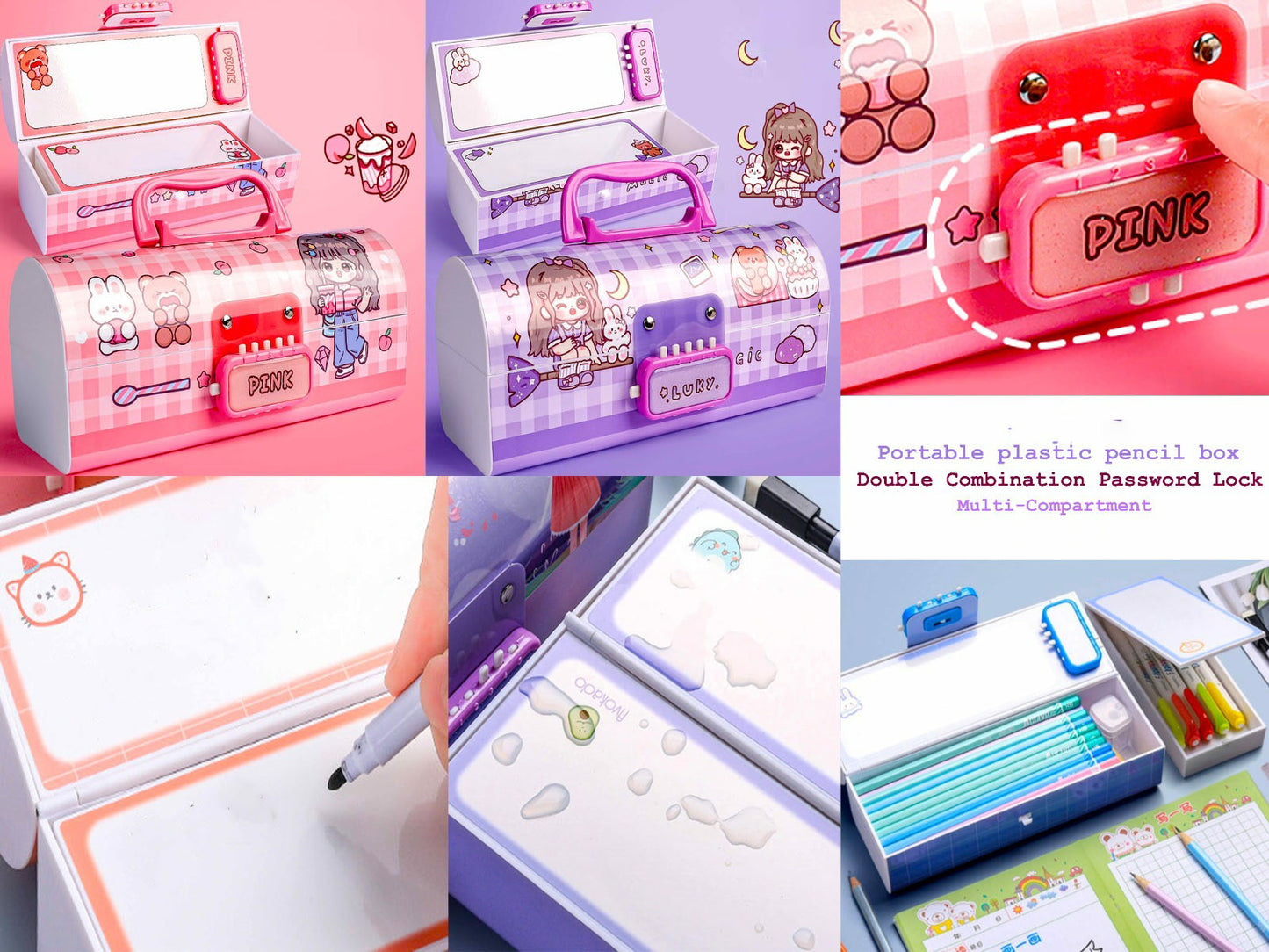 Plastic Pen Pencil Box Suitcase Style Password Lock Pencil Case