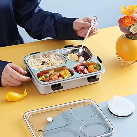 Lunch Box for Kids/Adults 4 Compartment Insulated Stainless Steel with Spoon & Fork Tiffin Box for Girls, Boys, School, Office Men & Women