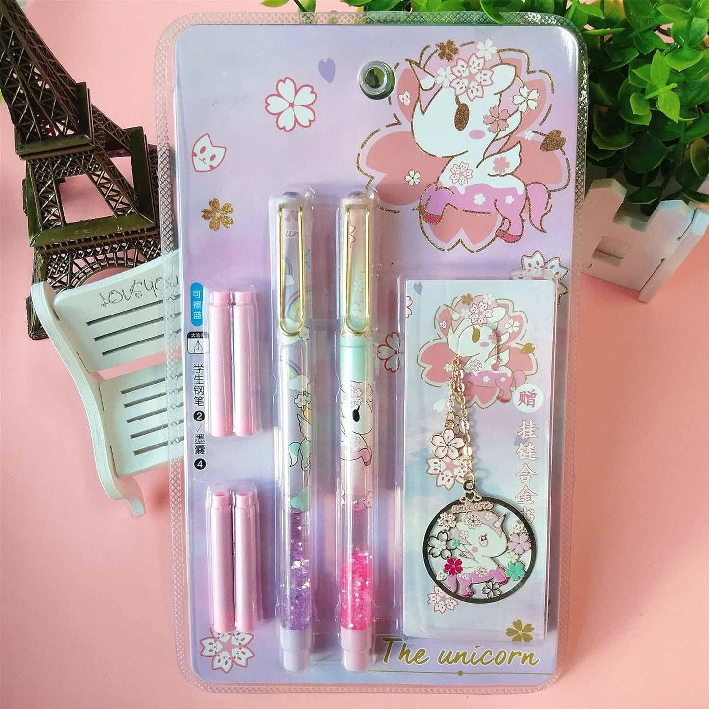 Cute Unicorn Glittery Fountain Pen Set With Book Mark